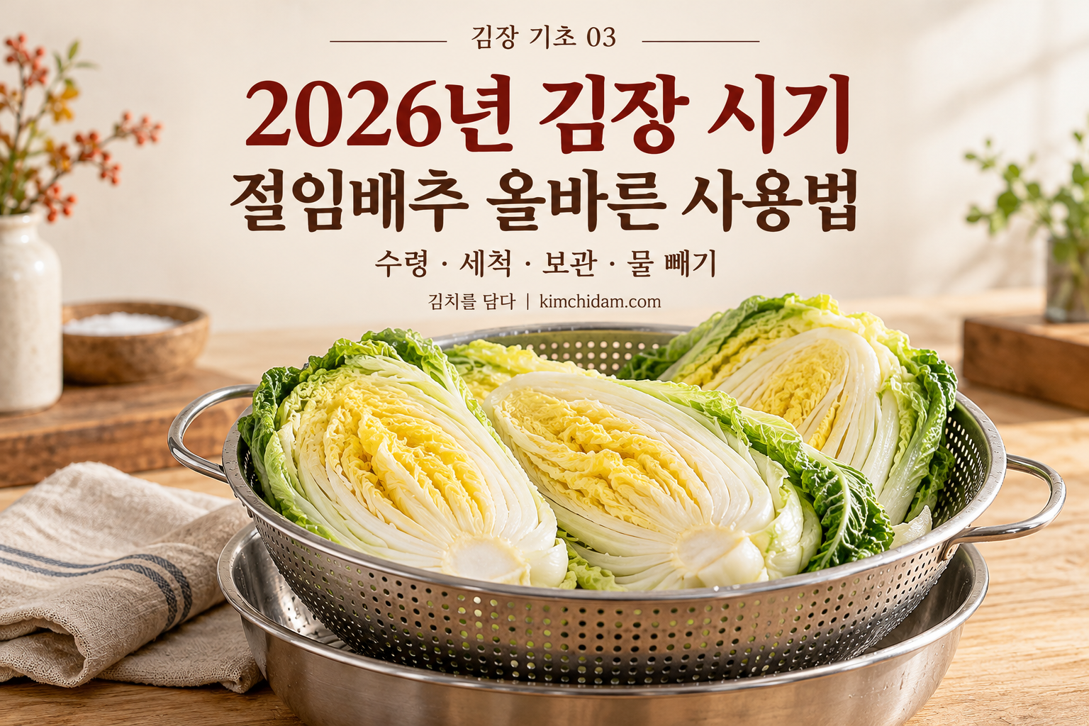 2026년 김장 시기 안내 문구와 깨끗한 채반에서 물기를 빼는 절임배추