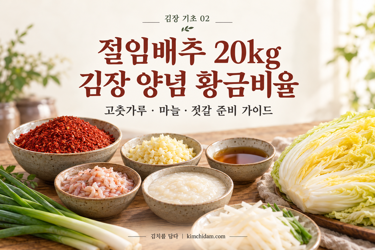 절임배추와 고춧가루, 다진 마늘, 액젓, 새우젓, 찹쌀풀이 놓인 김장 양념 준비 이미지